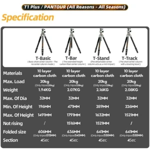 سه پایه دوربین فوتوپرو مدل T1 Plus نوع هد T-Bar